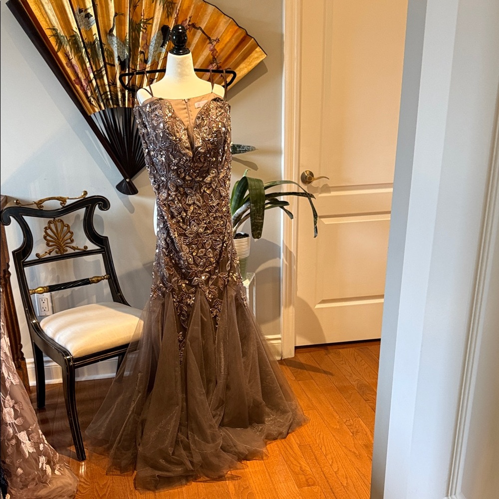 Jovani Brown Floral Embellished Prom Dress